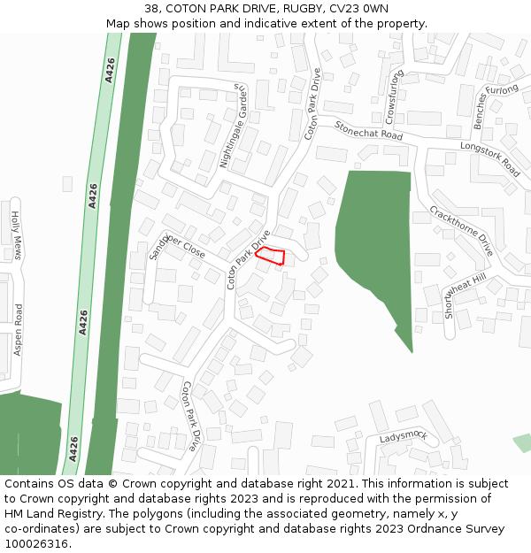 38, COTON PARK DRIVE, RUGBY, CV23 0WN: Location map and indicative extent of plot