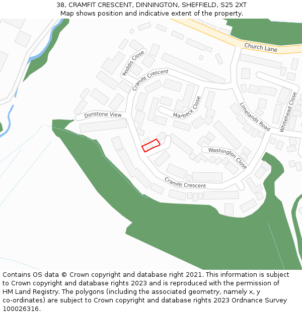 38, CRAMFIT CRESCENT, DINNINGTON, SHEFFIELD, S25 2XT: Location map and indicative extent of plot