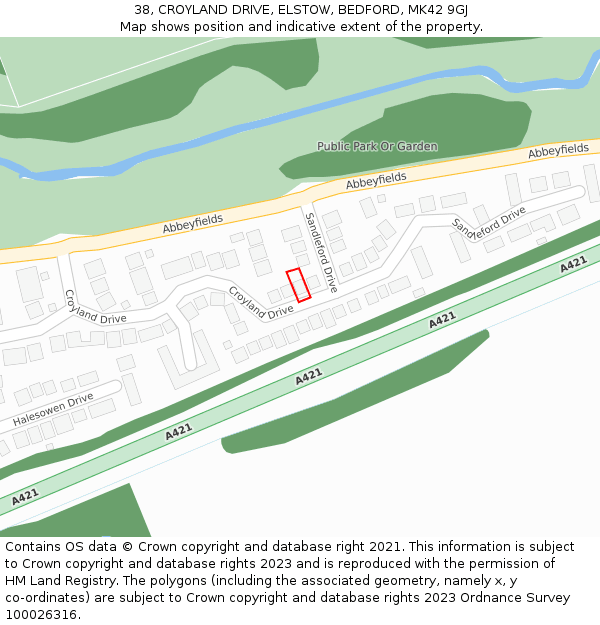 38, CROYLAND DRIVE, ELSTOW, BEDFORD, MK42 9GJ: Location map and indicative extent of plot