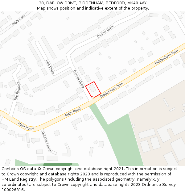 38, DARLOW DRIVE, BIDDENHAM, BEDFORD, MK40 4AY: Location map and indicative extent of plot