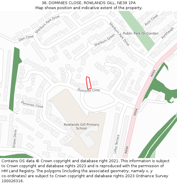 38, DOMINIES CLOSE, ROWLANDS GILL, NE39 1PA: Location map and indicative extent of plot