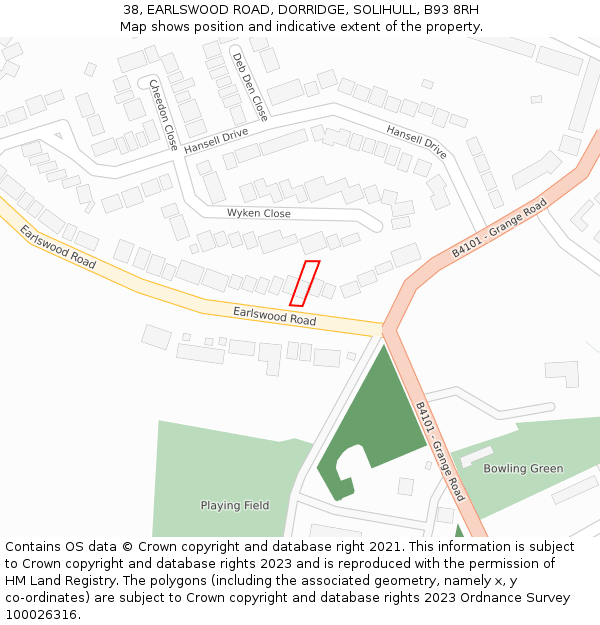 38, EARLSWOOD ROAD, DORRIDGE, SOLIHULL, B93 8RH: Location map and indicative extent of plot