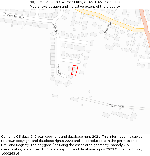 38, ELMS VIEW, GREAT GONERBY, GRANTHAM, NG31 8LR: Location map and indicative extent of plot