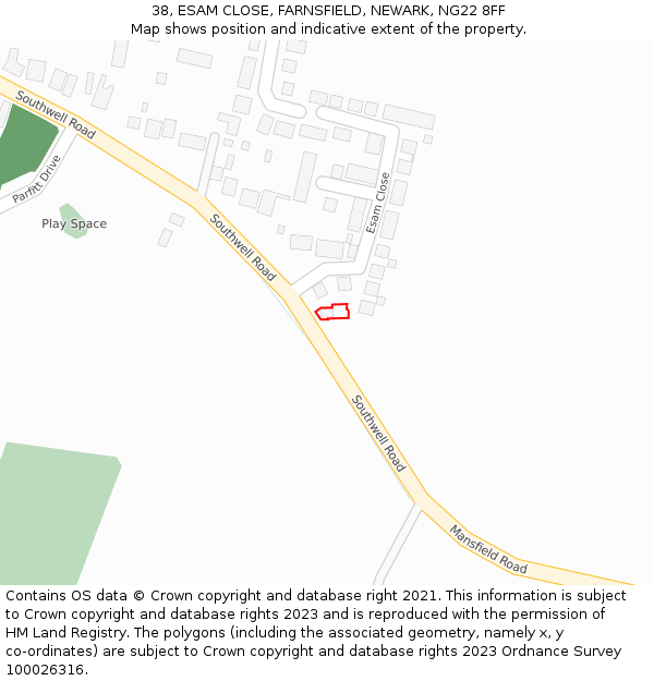 38, ESAM CLOSE, FARNSFIELD, NEWARK, NG22 8FF: Location map and indicative extent of plot