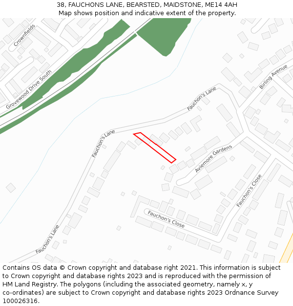 38, FAUCHONS LANE, BEARSTED, MAIDSTONE, ME14 4AH: Location map and indicative extent of plot
