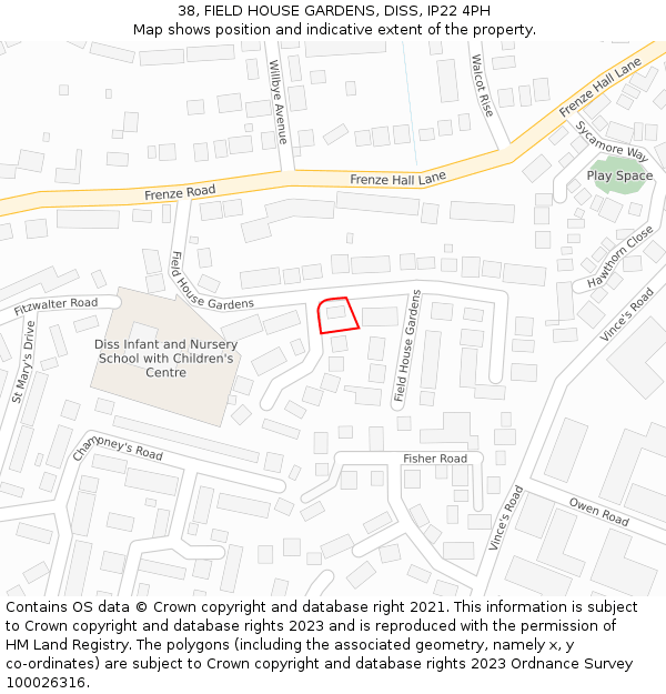 38, FIELD HOUSE GARDENS, DISS, IP22 4PH: Location map and indicative extent of plot