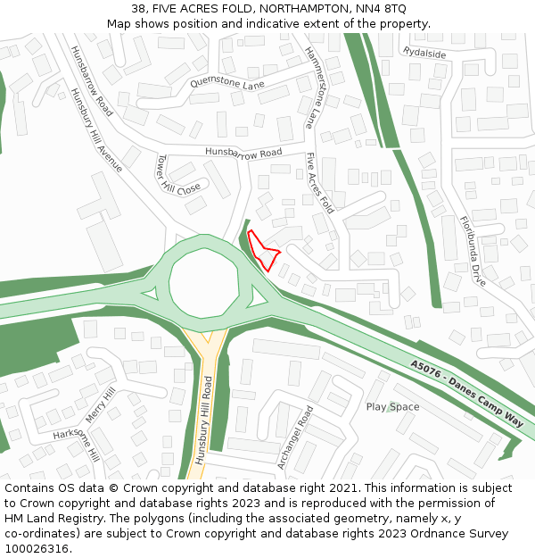 38, FIVE ACRES FOLD, NORTHAMPTON, NN4 8TQ: Location map and indicative extent of plot