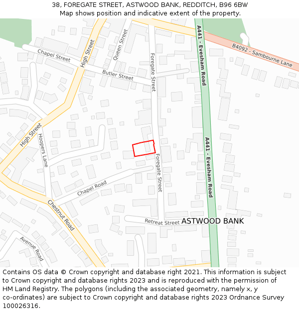 38, FOREGATE STREET, ASTWOOD BANK, REDDITCH, B96 6BW: Location map and indicative extent of plot