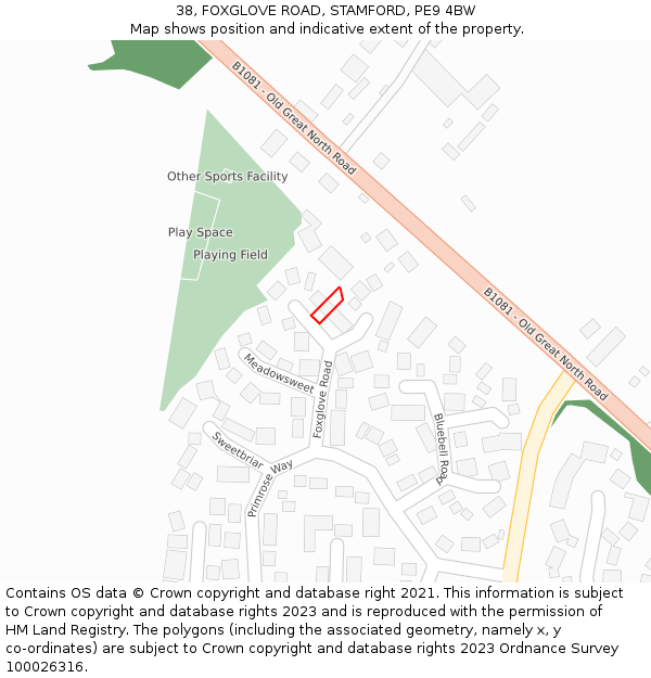 38, FOXGLOVE ROAD, STAMFORD, PE9 4BW: Location map and indicative extent of plot