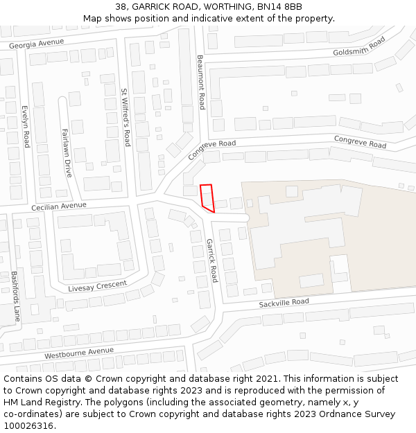 38, GARRICK ROAD, WORTHING, BN14 8BB: Location map and indicative extent of plot