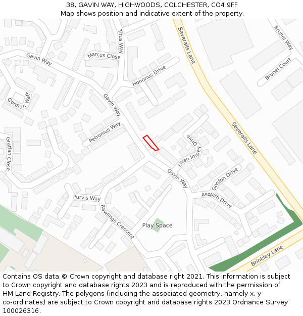38, GAVIN WAY, HIGHWOODS, COLCHESTER, CO4 9FF: Location map and indicative extent of plot