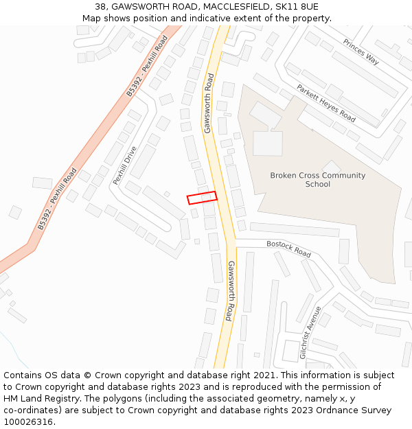 38, GAWSWORTH ROAD, MACCLESFIELD, SK11 8UE: Location map and indicative extent of plot