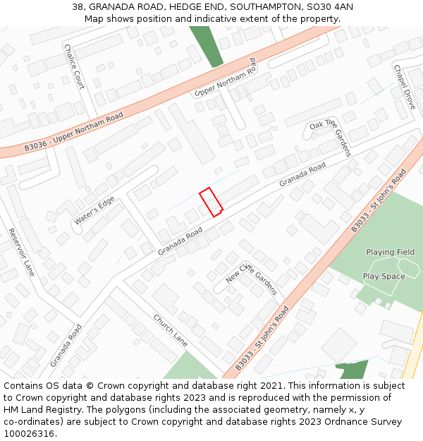 38, GRANADA ROAD, HEDGE END, SOUTHAMPTON, SO30 4AN: Location map and indicative extent of plot