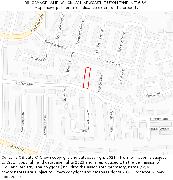 38, GRANGE LANE, WHICKHAM, NEWCASTLE UPON TYNE, NE16 5AH: Location map and indicative extent of plot