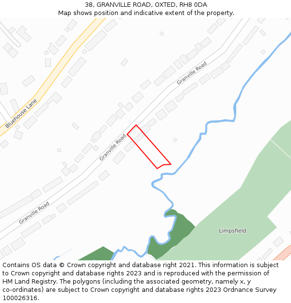 38, GRANVILLE ROAD, OXTED, RH8 0DA: Location map and indicative extent of plot