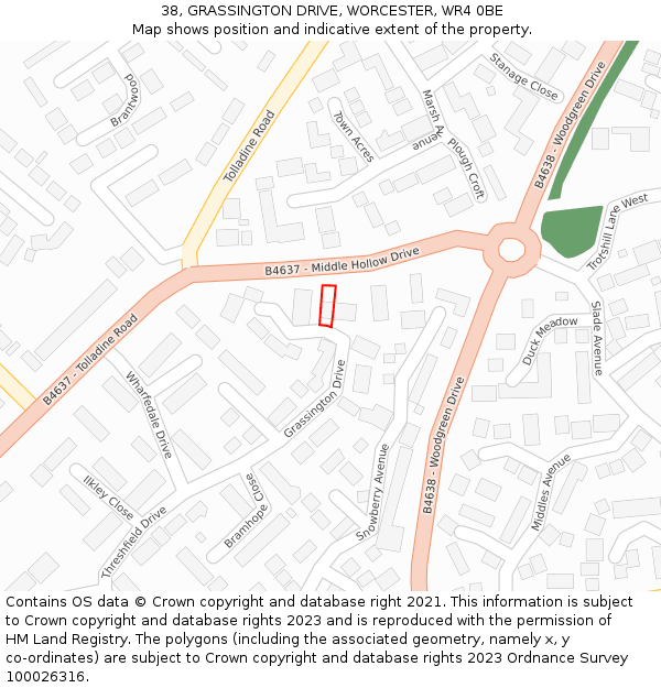 38, GRASSINGTON DRIVE, WORCESTER, WR4 0BE: Location map and indicative extent of plot