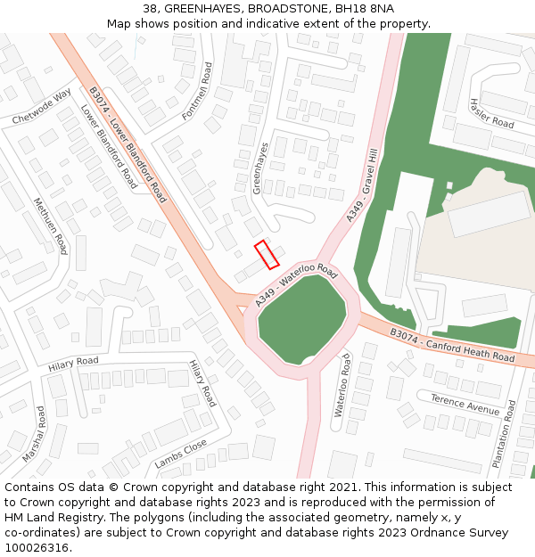38, GREENHAYES, BROADSTONE, BH18 8NA: Location map and indicative extent of plot