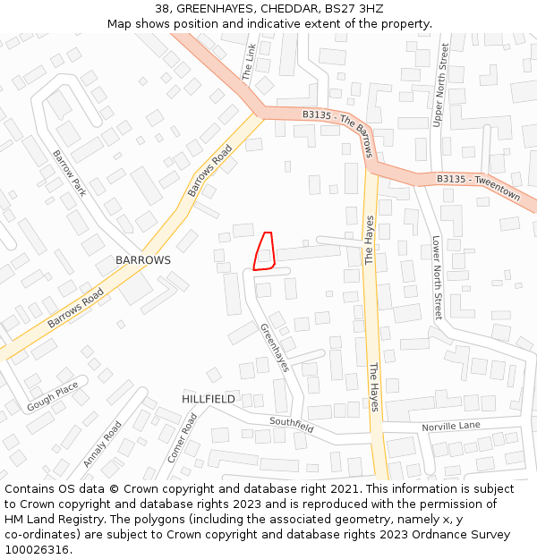 38, GREENHAYES, CHEDDAR, BS27 3HZ: Location map and indicative extent of plot