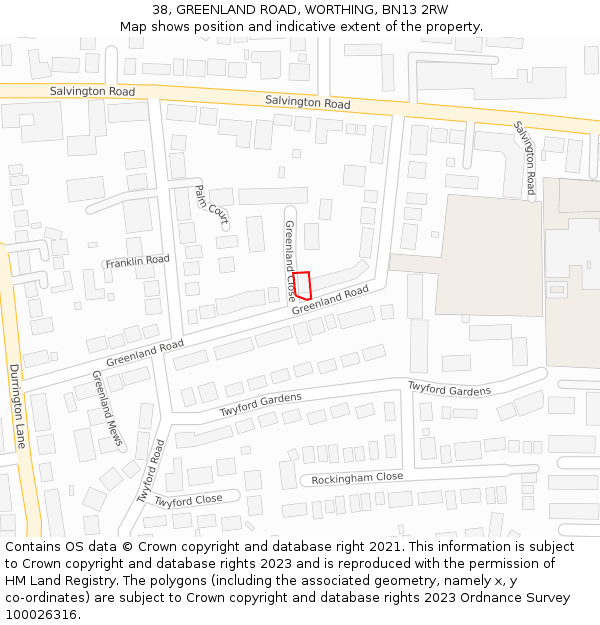 38, GREENLAND ROAD, WORTHING, BN13 2RW: Location map and indicative extent of plot