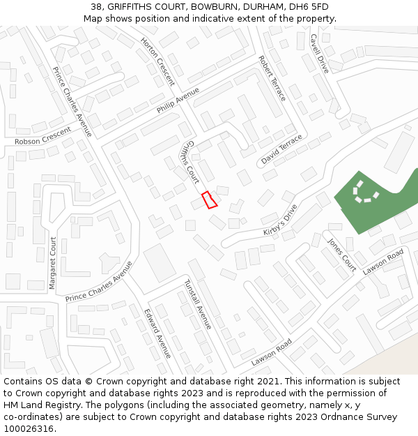 38, GRIFFITHS COURT, BOWBURN, DURHAM, DH6 5FD: Location map and indicative extent of plot