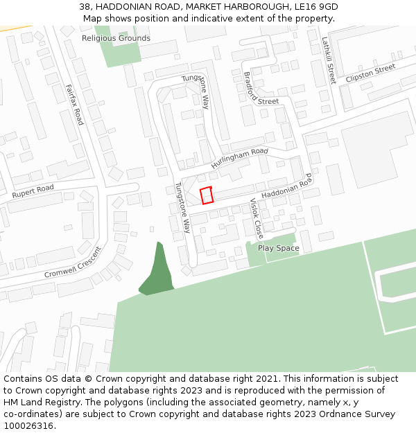 38, HADDONIAN ROAD, MARKET HARBOROUGH, LE16 9GD: Location map and indicative extent of plot
