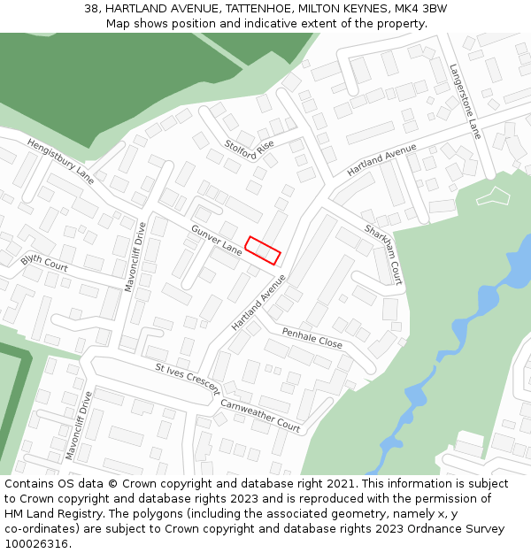38, HARTLAND AVENUE, TATTENHOE, MILTON KEYNES, MK4 3BW: Location map and indicative extent of plot
