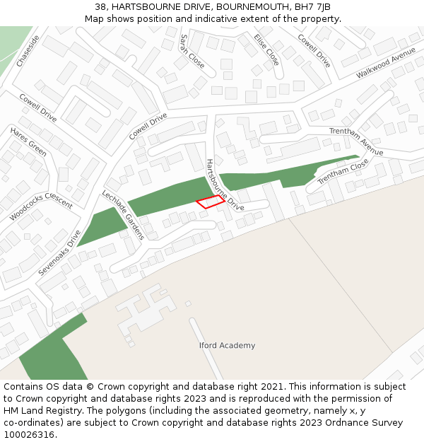 38, HARTSBOURNE DRIVE, BOURNEMOUTH, BH7 7JB: Location map and indicative extent of plot