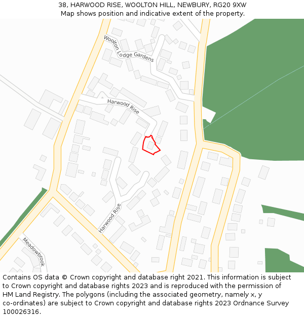 38, HARWOOD RISE, WOOLTON HILL, NEWBURY, RG20 9XW: Location map and indicative extent of plot