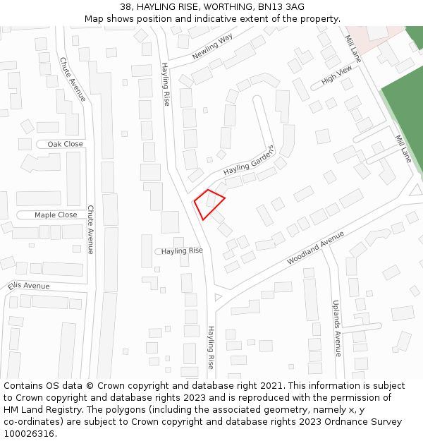 38, HAYLING RISE, WORTHING, BN13 3AG: Location map and indicative extent of plot