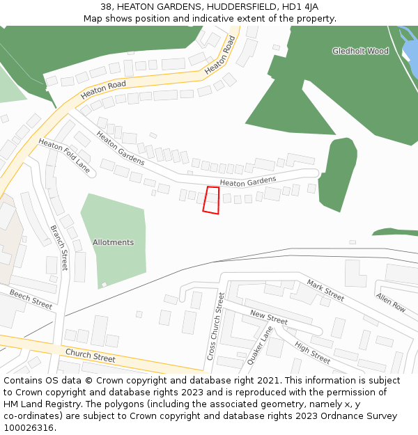 38, HEATON GARDENS, HUDDERSFIELD, HD1 4JA: Location map and indicative extent of plot