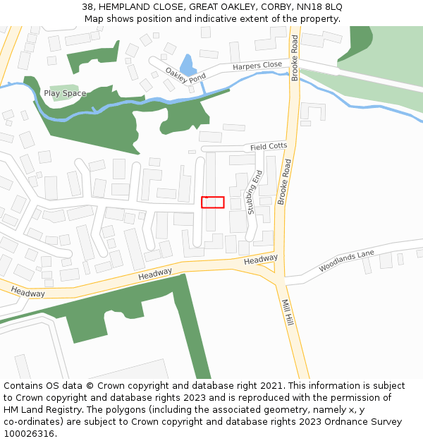 38, HEMPLAND CLOSE, GREAT OAKLEY, CORBY, NN18 8LQ: Location map and indicative extent of plot