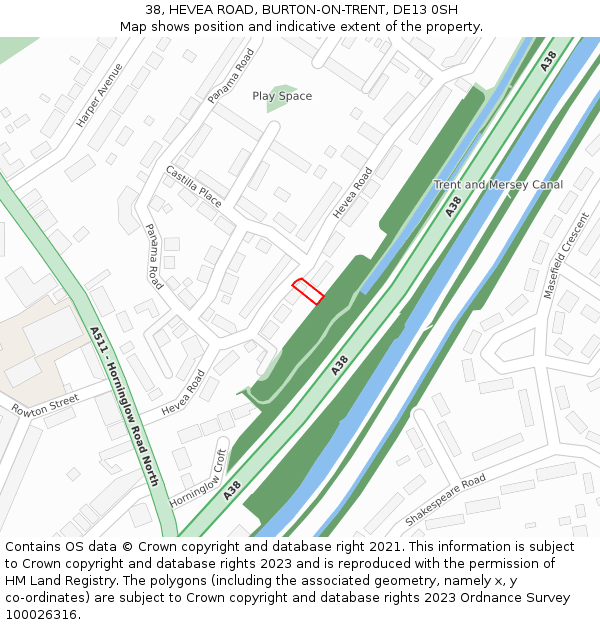 38, HEVEA ROAD, BURTON-ON-TRENT, DE13 0SH: Location map and indicative extent of plot