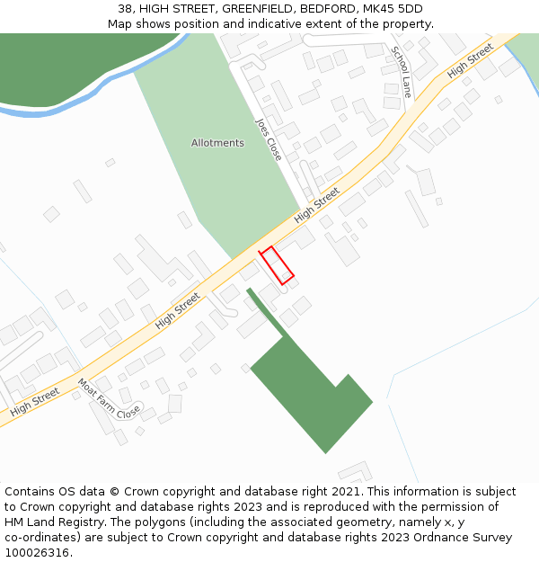 38, HIGH STREET, GREENFIELD, BEDFORD, MK45 5DD: Location map and indicative extent of plot
