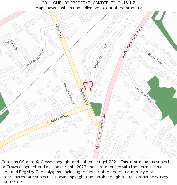 38, HIGHBURY CRESCENT, CAMBERLEY, GU15 1JZ: Location map and indicative extent of plot