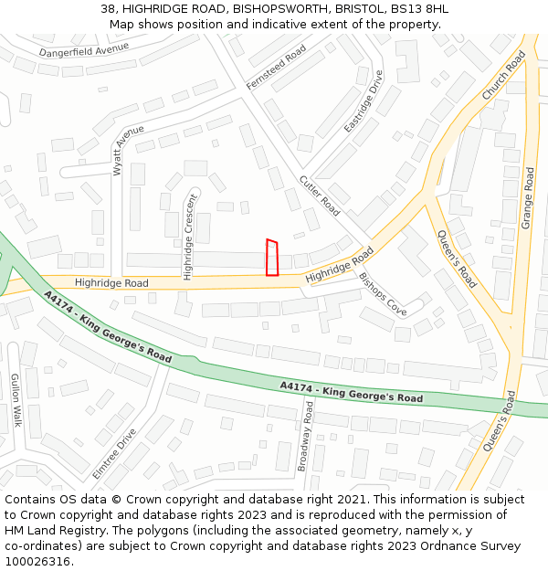 38, HIGHRIDGE ROAD, BISHOPSWORTH, BRISTOL, BS13 8HL: Location map and indicative extent of plot