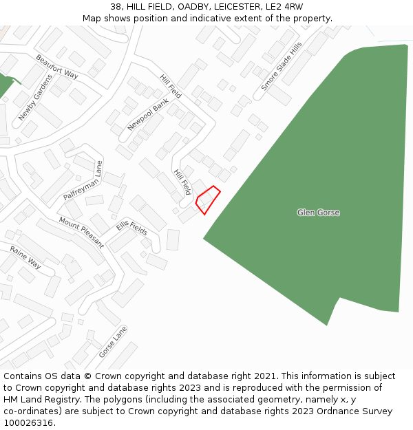 38, HILL FIELD, OADBY, LEICESTER, LE2 4RW: Location map and indicative extent of plot