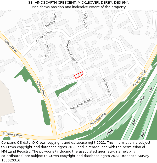 38, HINDSCARTH CRESCENT, MICKLEOVER, DERBY, DE3 9NN: Location map and indicative extent of plot
