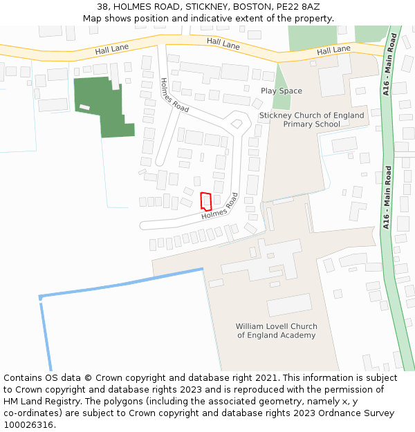 38, HOLMES ROAD, STICKNEY, BOSTON, PE22 8AZ: Location map and indicative extent of plot
