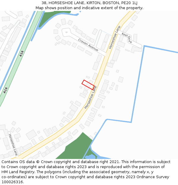 38, HORSESHOE LANE, KIRTON, BOSTON, PE20 1LJ: Location map and indicative extent of plot