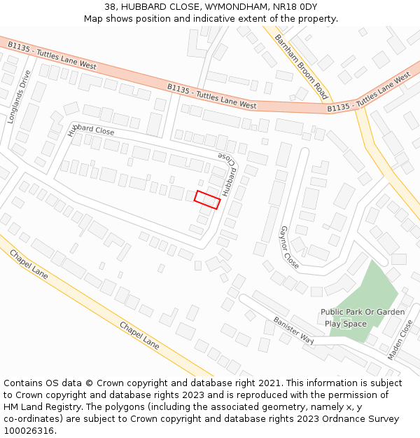 38, HUBBARD CLOSE, WYMONDHAM, NR18 0DY: Location map and indicative extent of plot