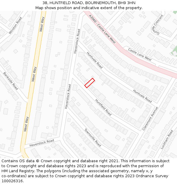 38, HUNTFIELD ROAD, BOURNEMOUTH, BH9 3HN: Location map and indicative extent of plot