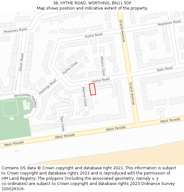 38, HYTHE ROAD, WORTHING, BN11 5DF: Location map and indicative extent of plot