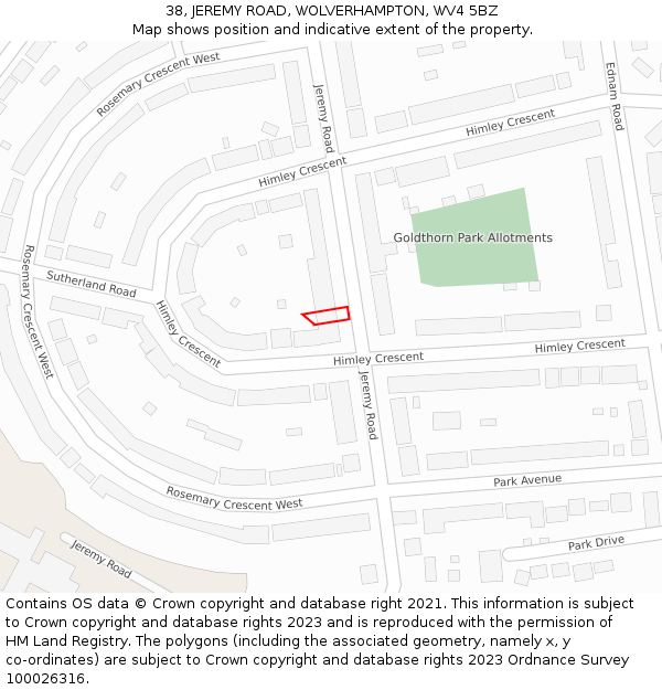 38, JEREMY ROAD, WOLVERHAMPTON, WV4 5BZ: Location map and indicative extent of plot