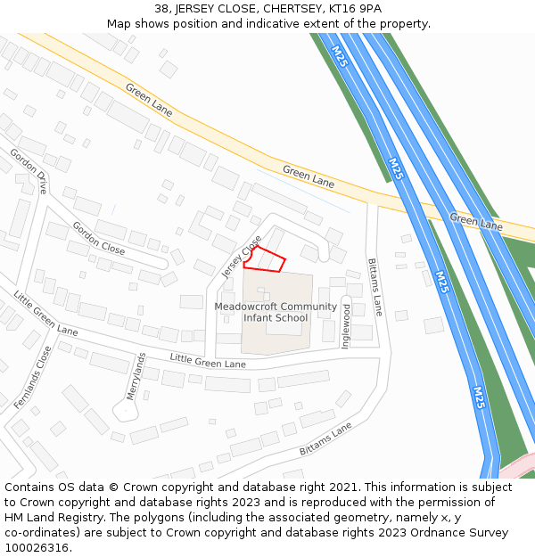 38, JERSEY CLOSE, CHERTSEY, KT16 9PA: Location map and indicative extent of plot
