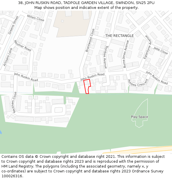38, JOHN RUSKIN ROAD, TADPOLE GARDEN VILLAGE, SWINDON, SN25 2PU: Location map and indicative extent of plot
