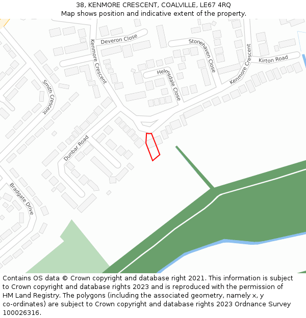 38, KENMORE CRESCENT, COALVILLE, LE67 4RQ: Location map and indicative extent of plot