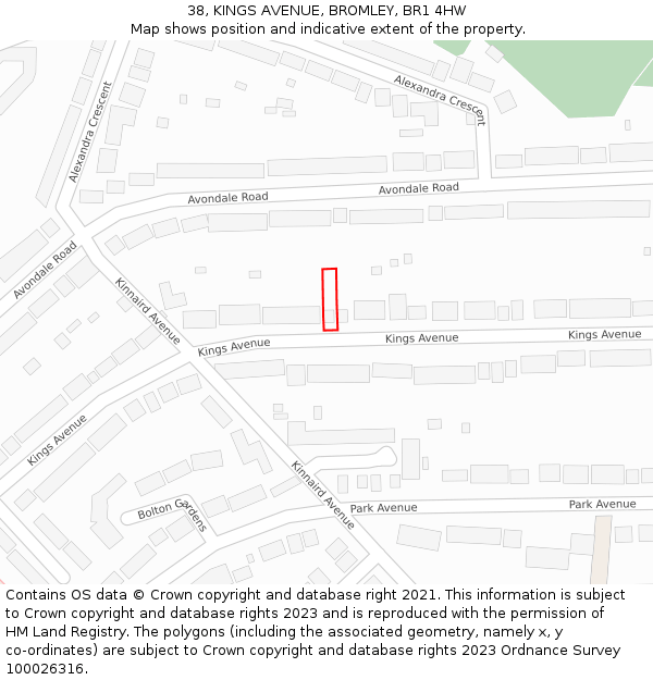 38, KINGS AVENUE, BROMLEY, BR1 4HW: Location map and indicative extent of plot