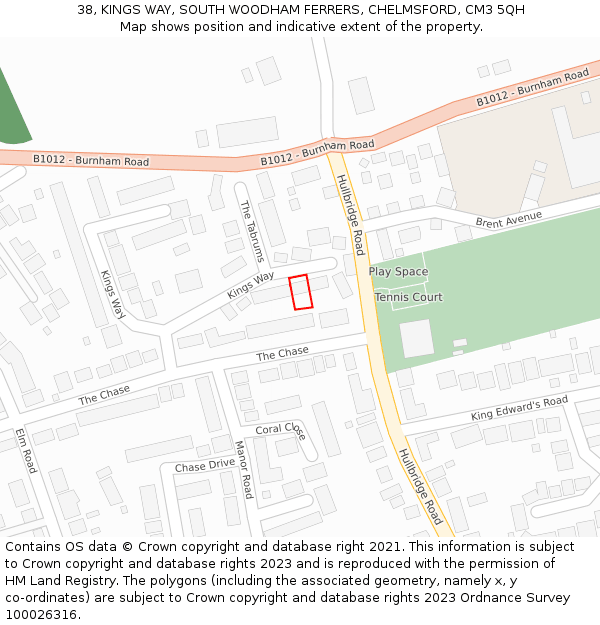 38, KINGS WAY, SOUTH WOODHAM FERRERS, CHELMSFORD, CM3 5QH: Location map and indicative extent of plot