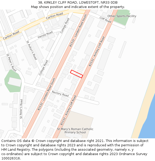 38, KIRKLEY CLIFF ROAD, LOWESTOFT, NR33 0DB: Location map and indicative extent of plot