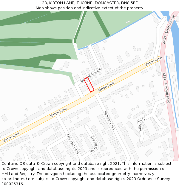 38, KIRTON LANE, THORNE, DONCASTER, DN8 5RE: Location map and indicative extent of plot